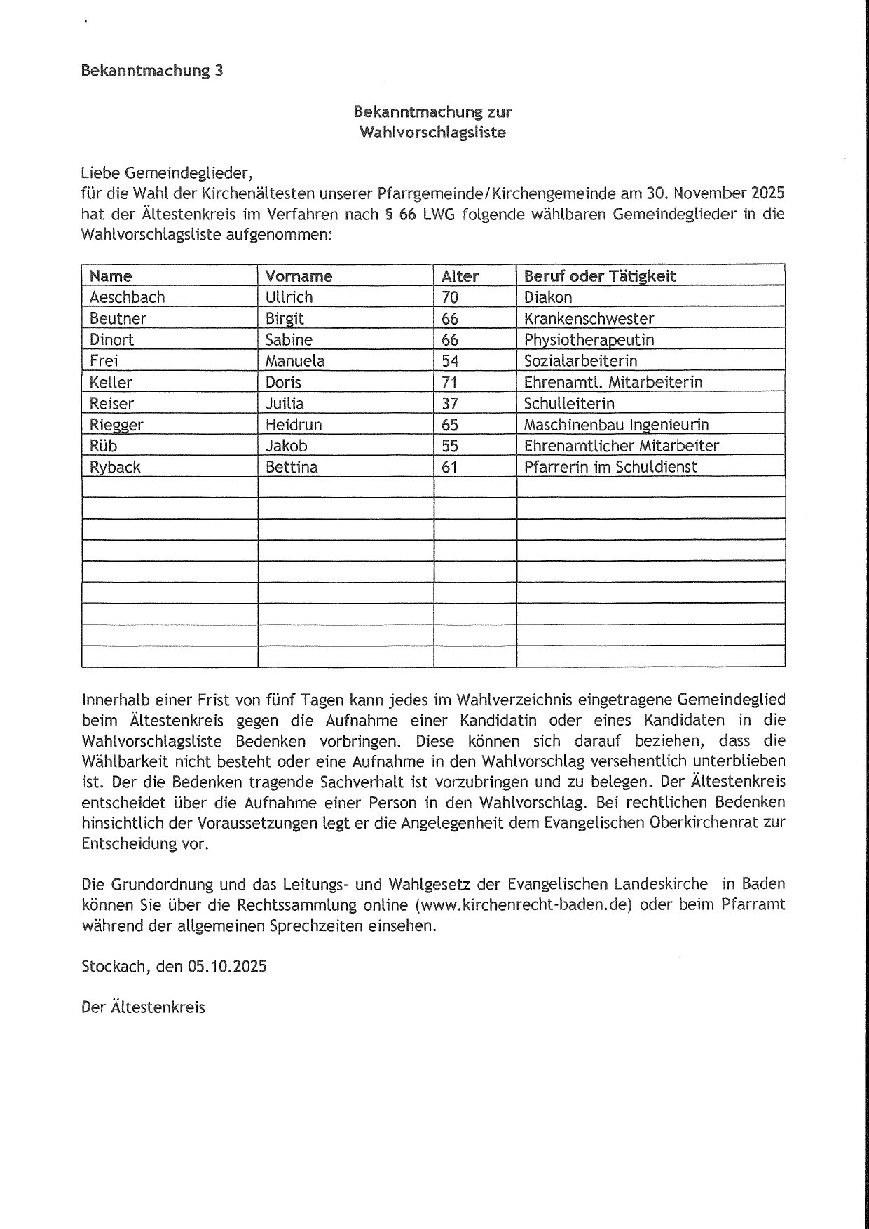 Stockach Bekanntmachung zur Wahlvorschlagsliste